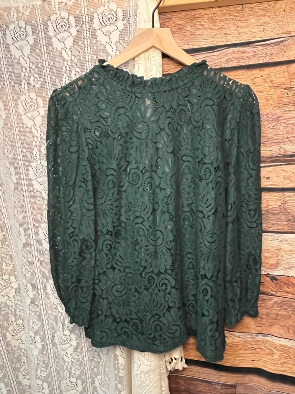 Adiva Dark Green Lace Ruffle-Neck Blouse (237) - Picture 3 of 9